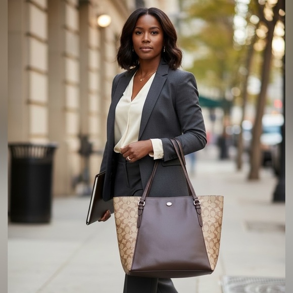 Coach Brown Leather & Signature Canvas F30301 Tote Bag Purse - Picture 1 of 9